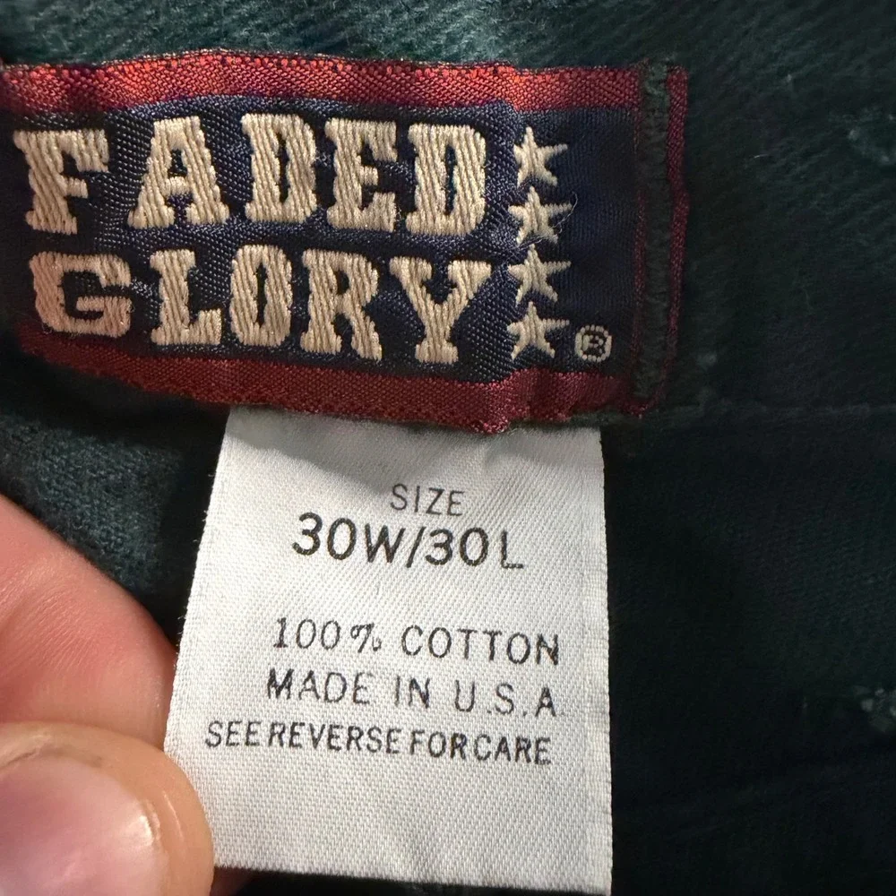 Faded Glory Workwear Pants 30x30 (29x27) Green VTG 90s Made USA Cotton Drop Loop